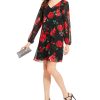 Women'S INC International Concepts | Rose-Print Chiffon Bow-Back Dress Black/Ruby Multi