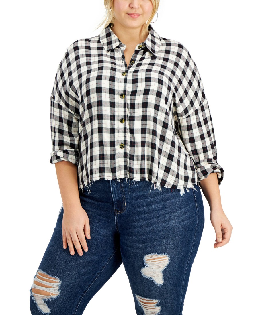 Women'S Love, Fire | Plus Raw Hem Plaid Button-Down Top