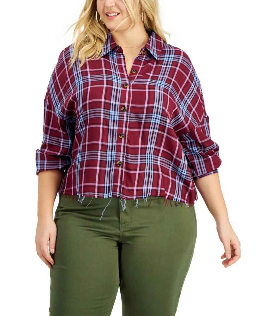 Women'S Love, Fire | Plus Raw Hem Plaid Button-Down Top