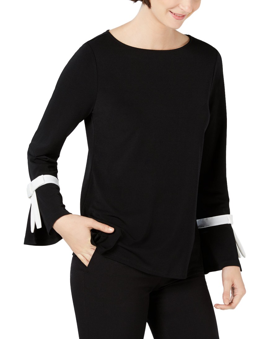 Women'S Charter Club | Tie-Sleeve Crepe Top Deep Black