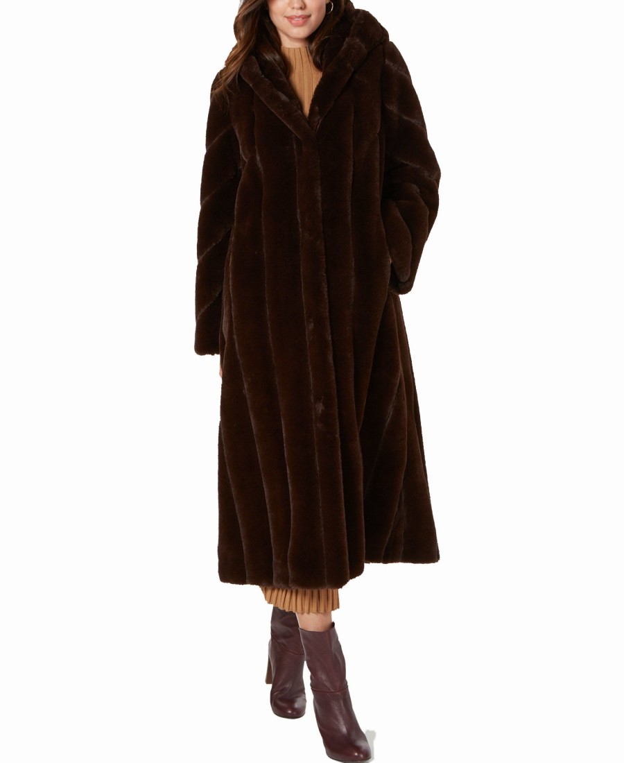 Women'S Jones New York | Hooded Faux-Fur Maxi Coat Brown