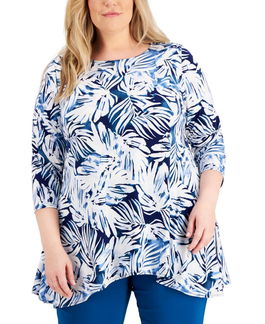 Juniors' Alfani | Plus Printed Swing Top Blue Dream Leaf