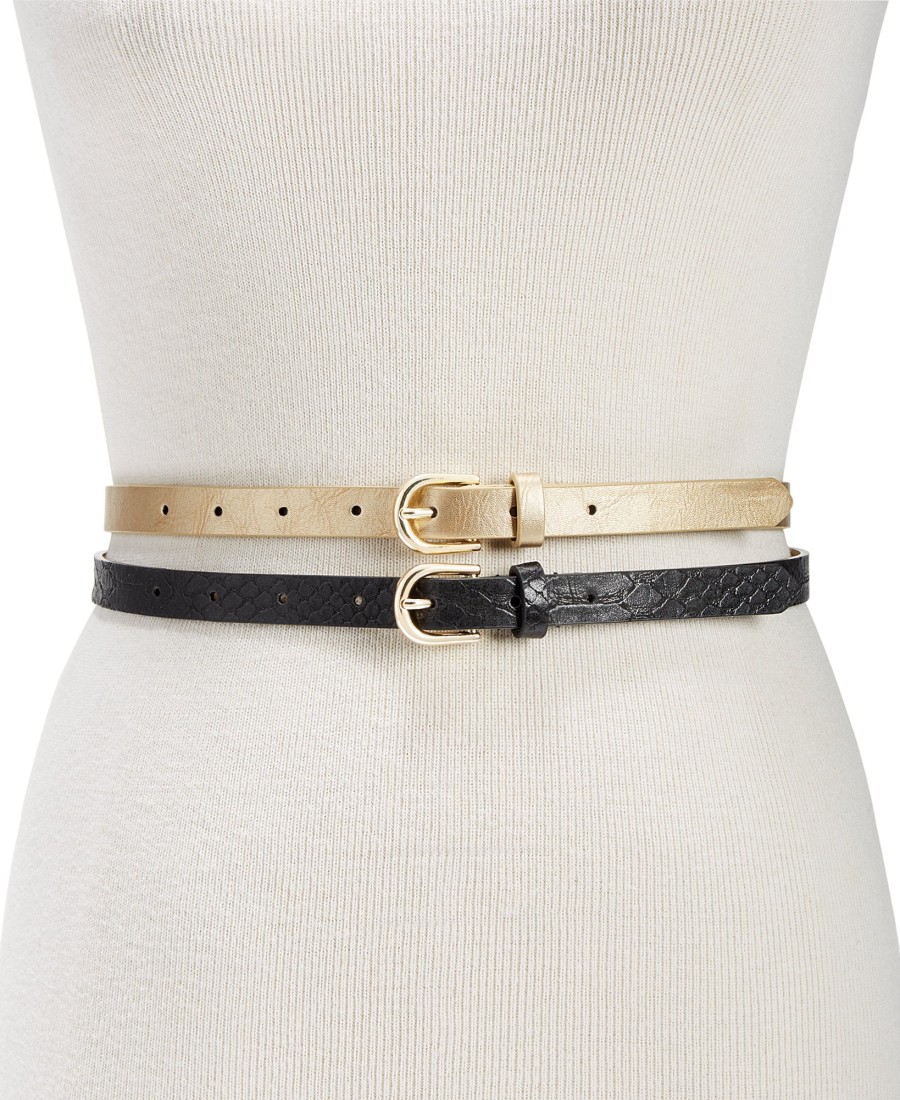 Accessories INC International Concepts | 2-For-1 Metallic & Embossed Skinny Belts Black/Gold