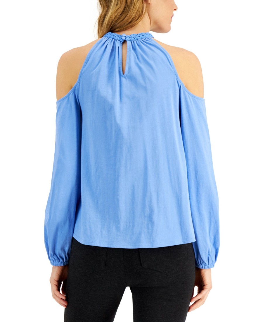 Women'S INC International Concepts | Cotton Crochet-Trim Cold-Shoulder Top Bashful Blue