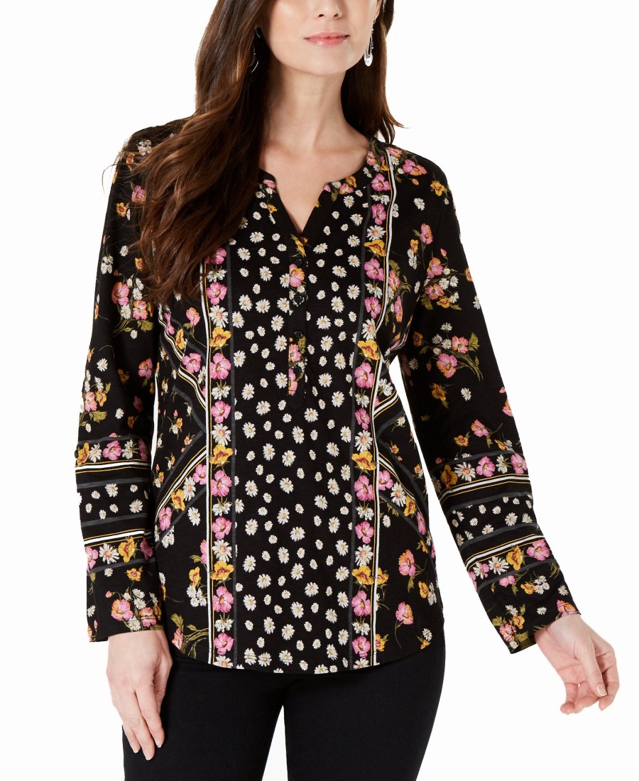 Women'S Style & Co | Printed Split-Neck Shirt Happy Day Black