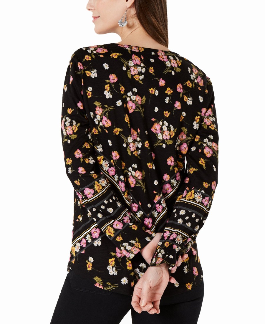 Women'S Style & Co | Printed Split-Neck Shirt Happy Day Black