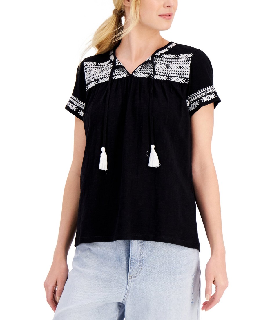 Women'S Style & Co | Petite Cotton Embroidered Top Deep Black