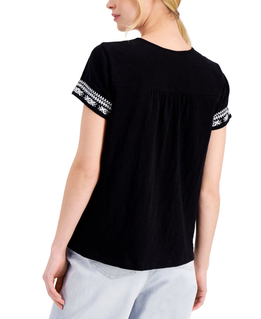 Women'S Style & Co | Petite Cotton Embroidered Top Deep Black