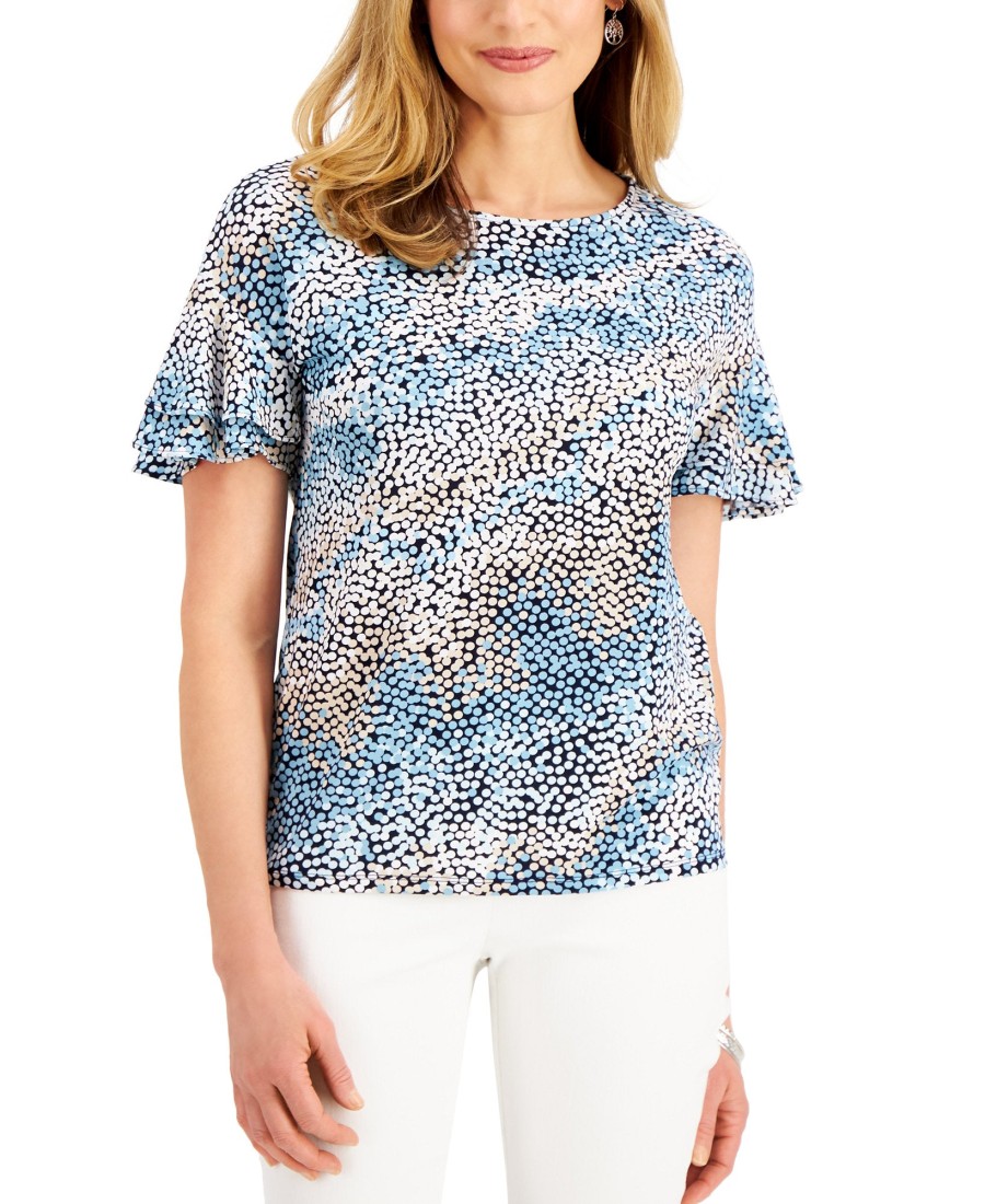 Women'S JM Collection | Short Sleeve Printed Top Bachelor Button Combo