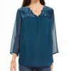 Women'S Style & Co | Mixed-Media Sheer-Sleeve Blouse Eyelet Kale Green