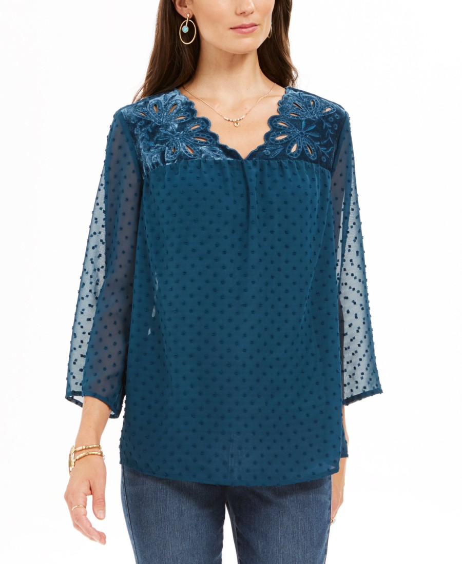 Women'S Style & Co | Mixed-Media Sheer-Sleeve Blouse Eyelet Kale Green