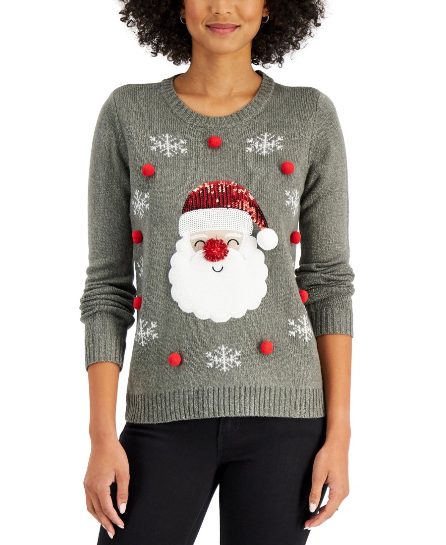 Women'S Karen Scott | Sequined Santa Sweater Dark Grey Combo