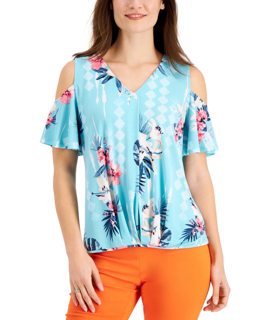 Women'S JM Collection | Printed Cold-Shoulder Top Bachelor Button Combo