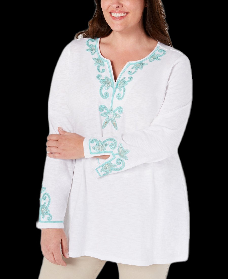 Women'S Charter Club | Plus Cotton Beaded Embroidered Tunic Bright White