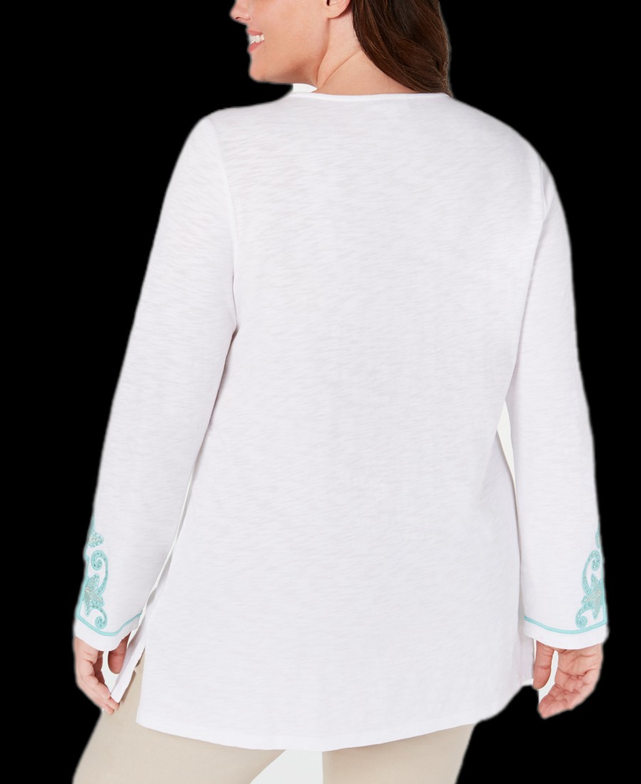 Women'S Charter Club | Plus Cotton Beaded Embroidered Tunic Bright White