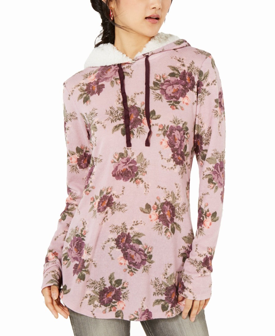 Juniors' Ultra Flirt | Juniors' Printed Faux Sherpa-Trimmed Hoodie Pink Floral