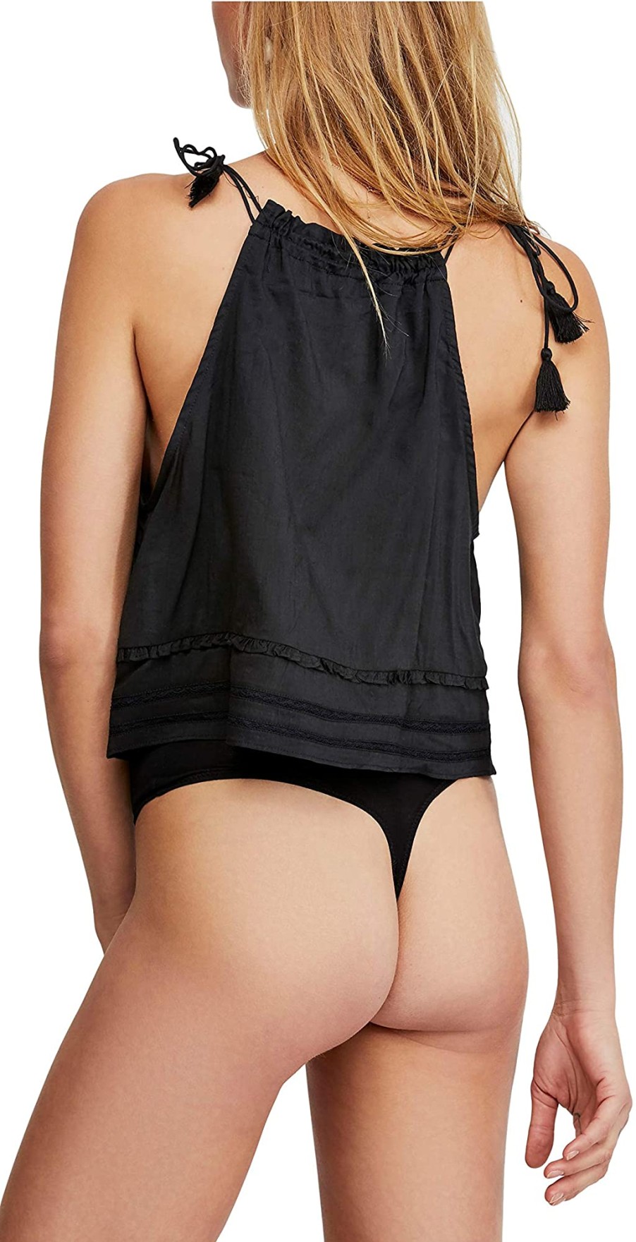 Women'S Free People | Trust Me Pleated Tie-Shoulder Thong Bodysuit Black