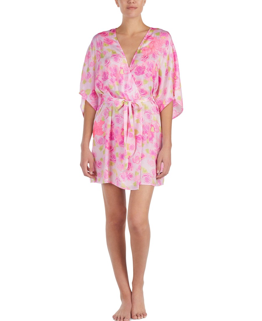 Women'S Betsey Johnson | Floral-Print Lace-Detail Short Robe Rose Floral