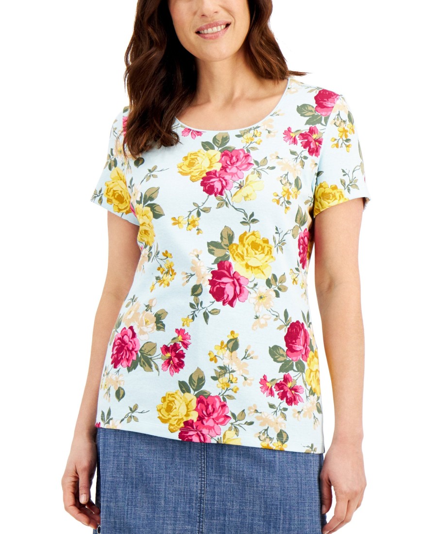 Women'S Karen Scott | Reverie Floral-Print Top Quiet Tide