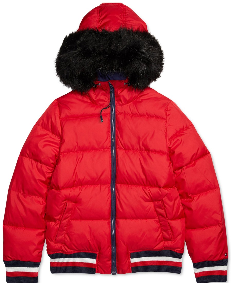 Women'S Tommy Hilfiger | Puffer Jacket With Faux Fur Hood And Magnetic Zipper Crimson