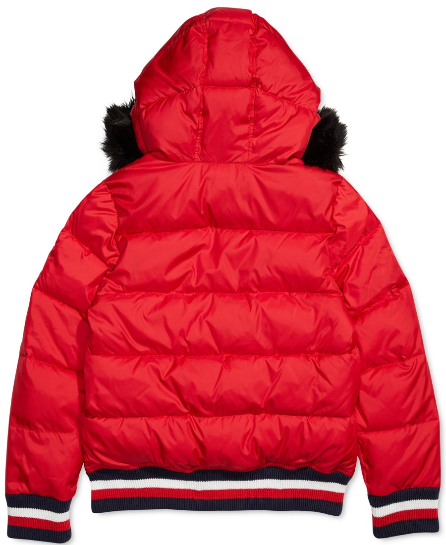 Women'S Tommy Hilfiger | Puffer Jacket With Faux Fur Hood And Magnetic Zipper Crimson