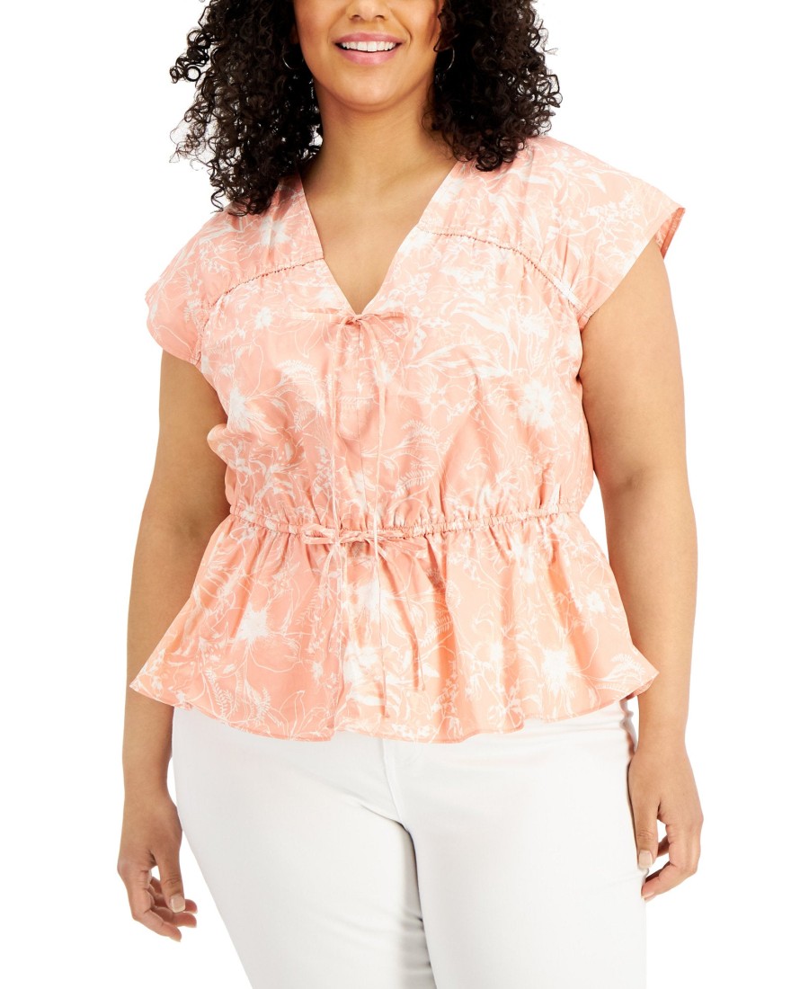 Women'S INC International Concepts | Plus Cotton Printed Ruched-Seam V-Neck Top Chroma Botanica