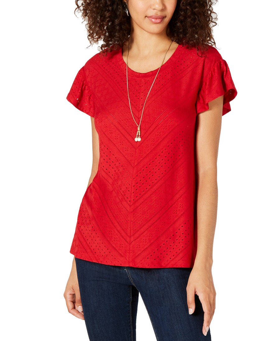 Women'S Style & Co | Eyelet-Detail Flutter-Sleeve Top Red