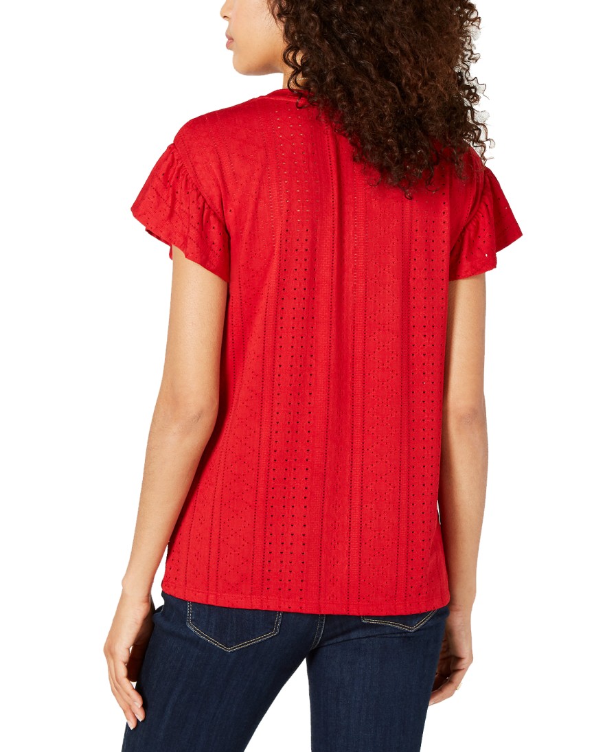 Women'S Style & Co | Eyelet-Detail Flutter-Sleeve Top Red