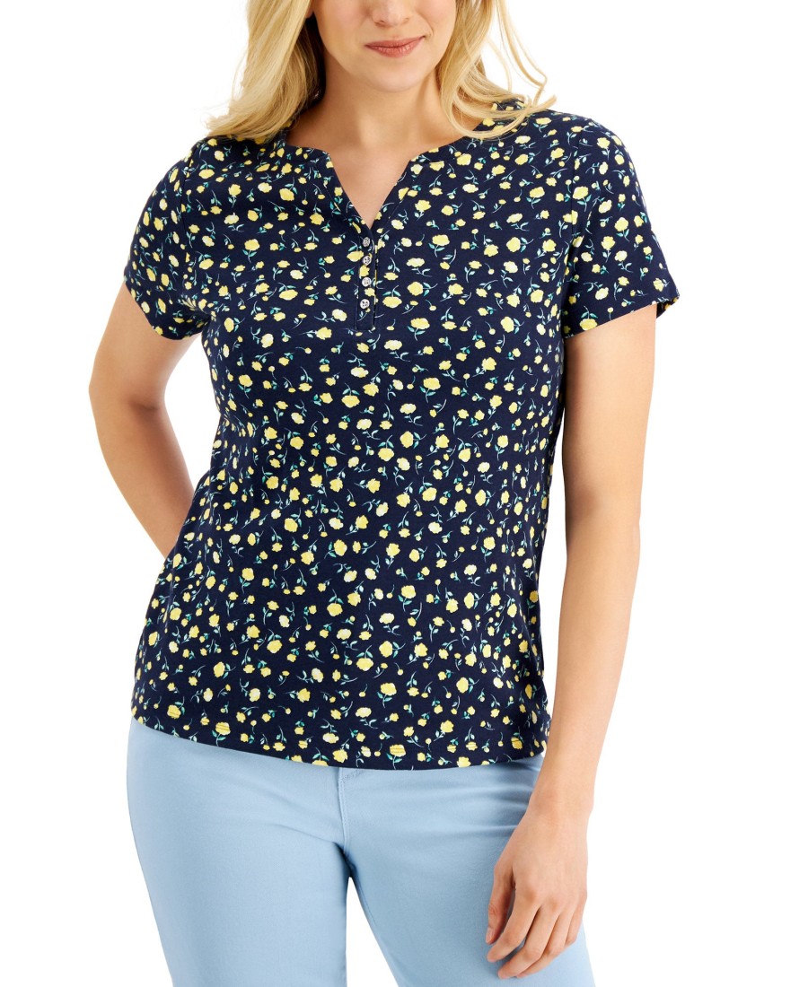 Women'S Karen Scott | Printed Split-Neck Top Intrepid Blue