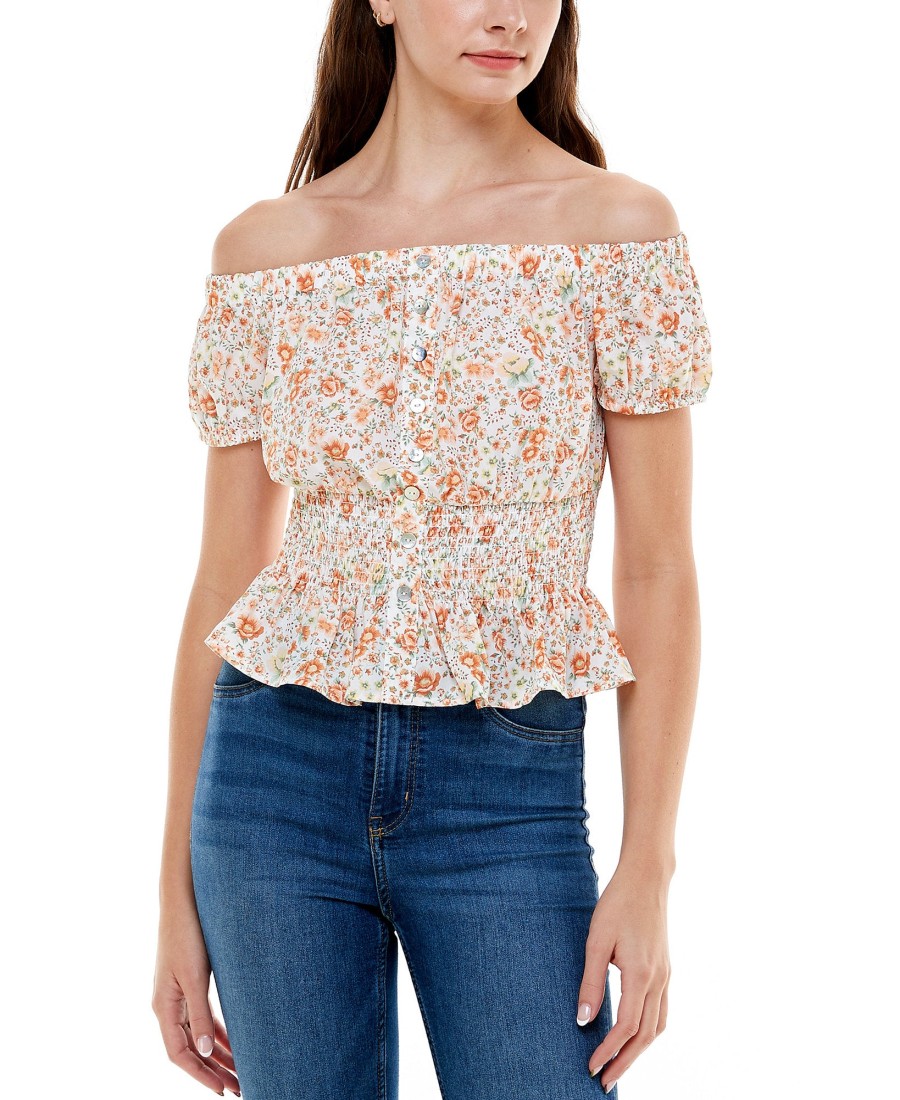 Juniors' Ultra Flirt | Juniors' Printed Off-The-Shoulder Peplum Blouse Garden White