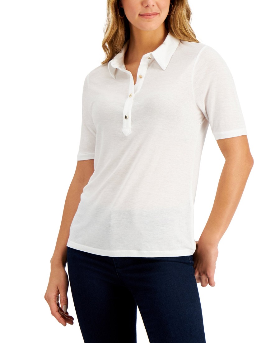 Women'S Charter Club | Elbow-Sleeve Polo Bright White