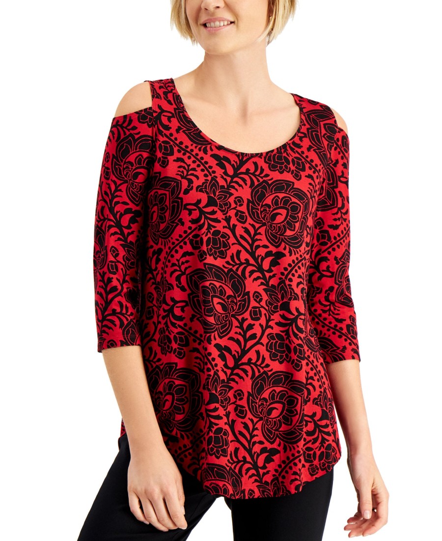 Women'S JM Collection | Printed 3/4-Sleeves Cold-Shoulder Top New Red Amore Combo