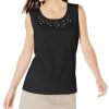 Women'S Karen Scott | Pearl-Embellished Sleeveless Cotton Top Deep Black