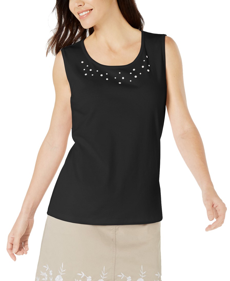 Women'S Karen Scott | Pearl-Embellished Sleeveless Cotton Top Deep Black