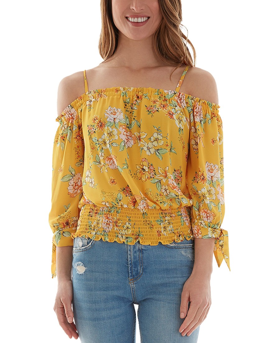 Juniors' BCX | Juniors' Floral-Print Off-The-Shoulder Tie-Sleeve Smocked-Hem Top Mango Floral