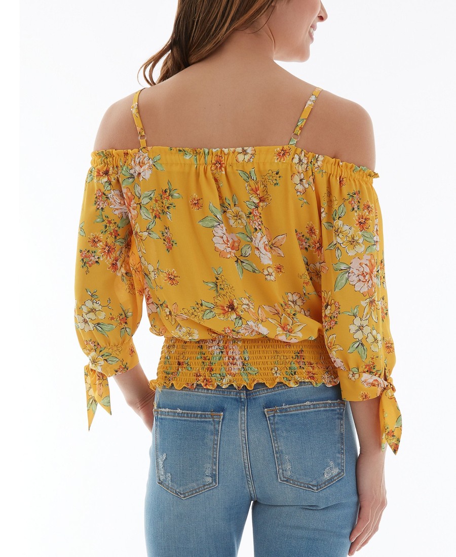 Juniors' BCX | Juniors' Floral-Print Off-The-Shoulder Tie-Sleeve Smocked-Hem Top Mango Floral