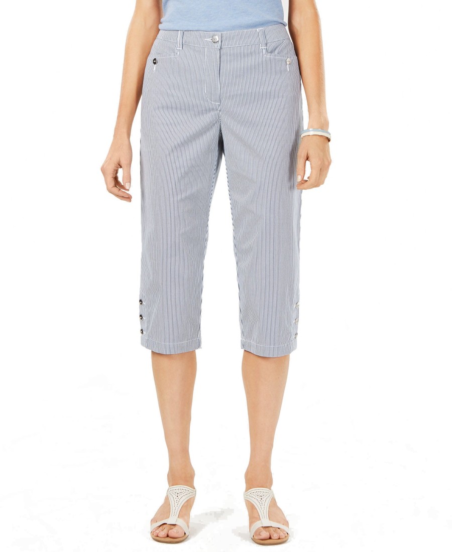 Women'S Karen Scott | Striped Corded Buttoned-Cuff Capri Pants Chambray Stripe