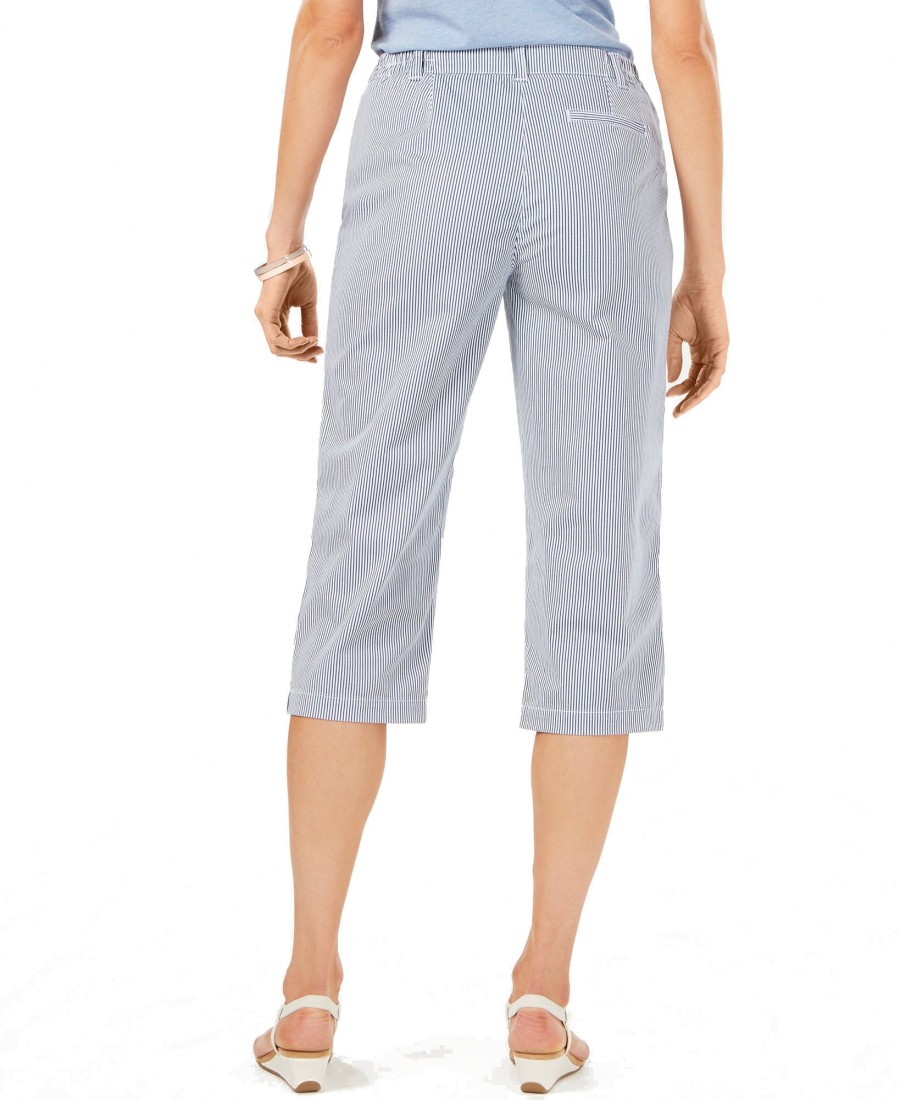 Women'S Karen Scott | Striped Corded Buttoned-Cuff Capri Pants Chambray Stripe