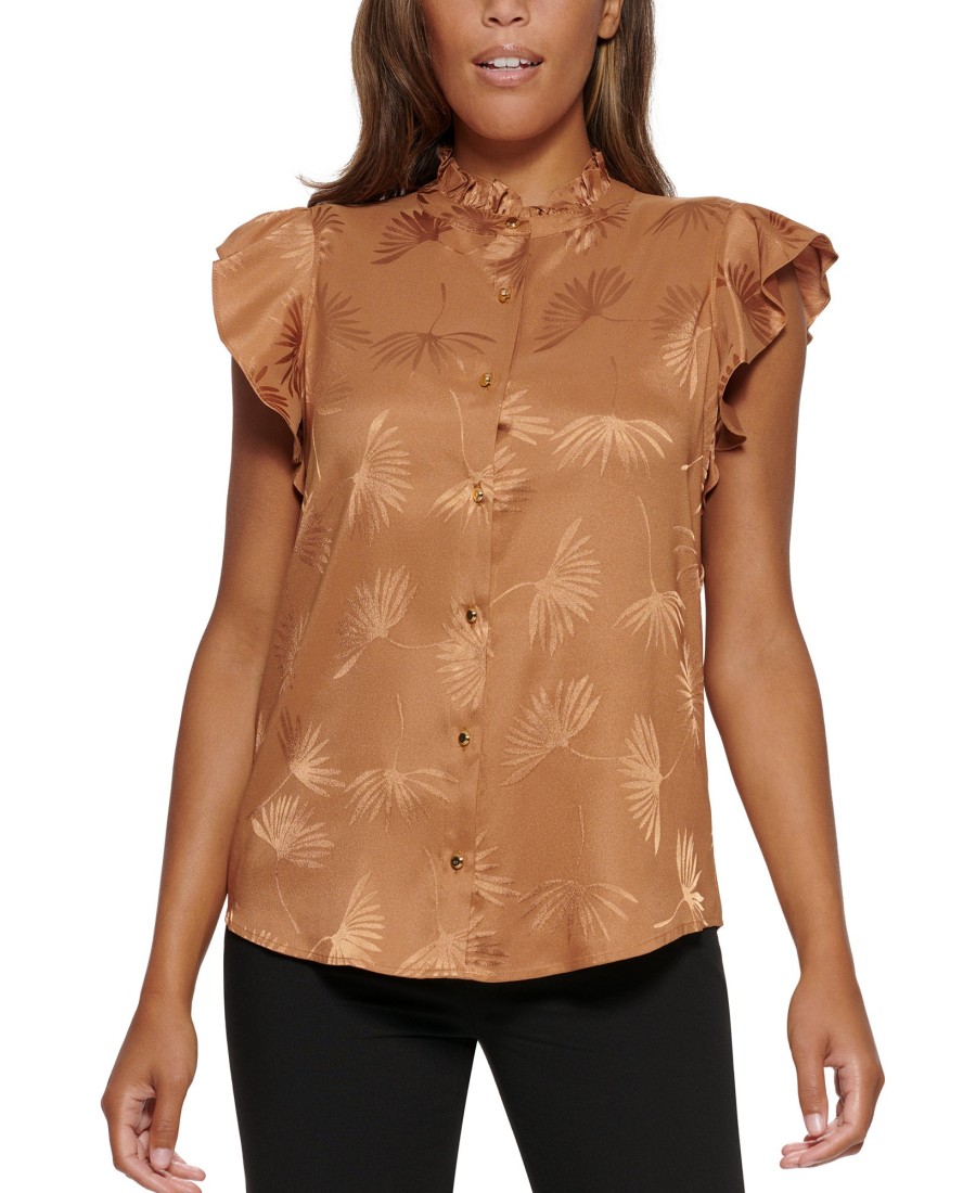 Women'S Calvin Klein | Jacquard Cap-Sleeve Button-Down Blouse Luggage