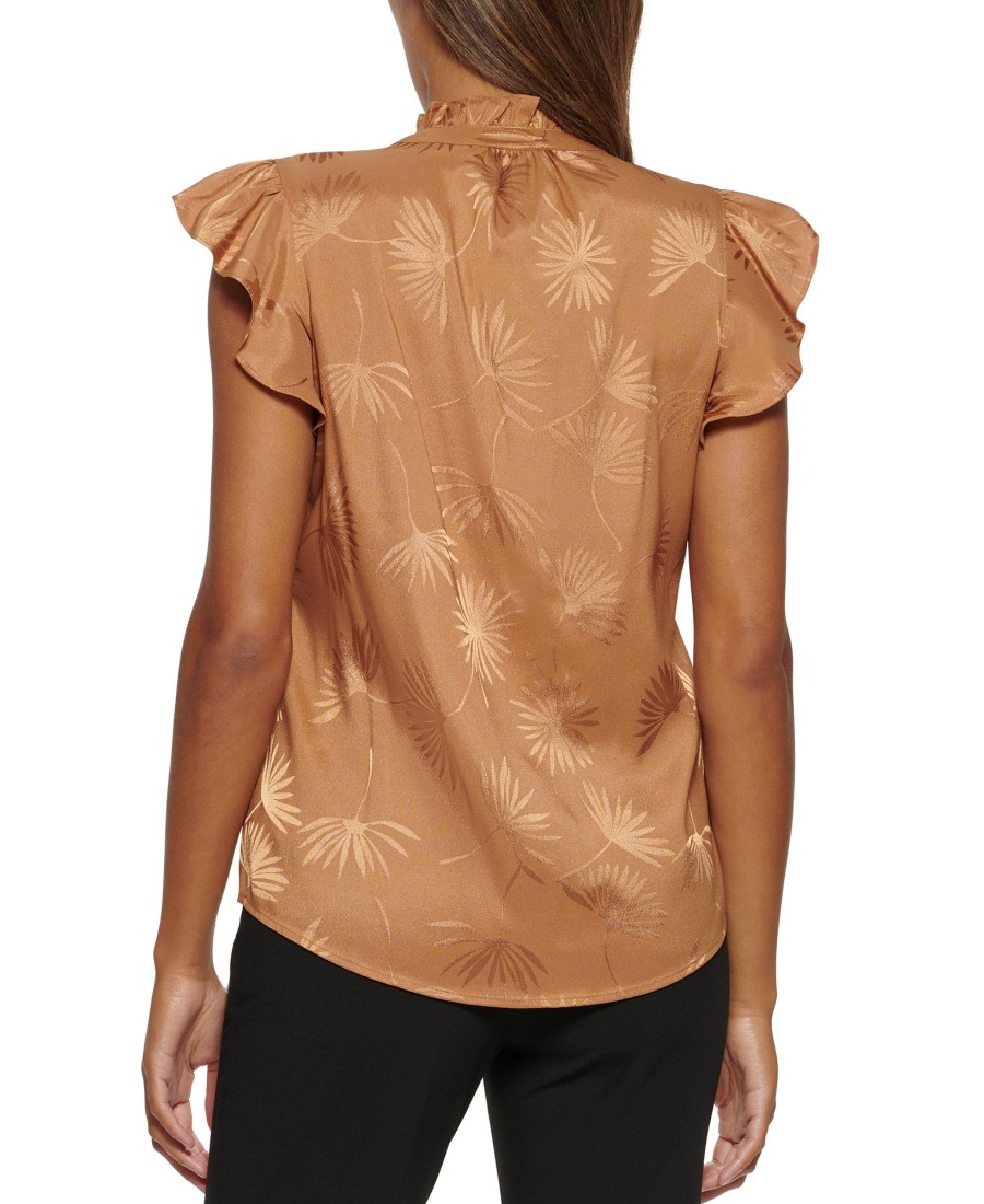 Women'S Calvin Klein | Jacquard Cap-Sleeve Button-Down Blouse Luggage