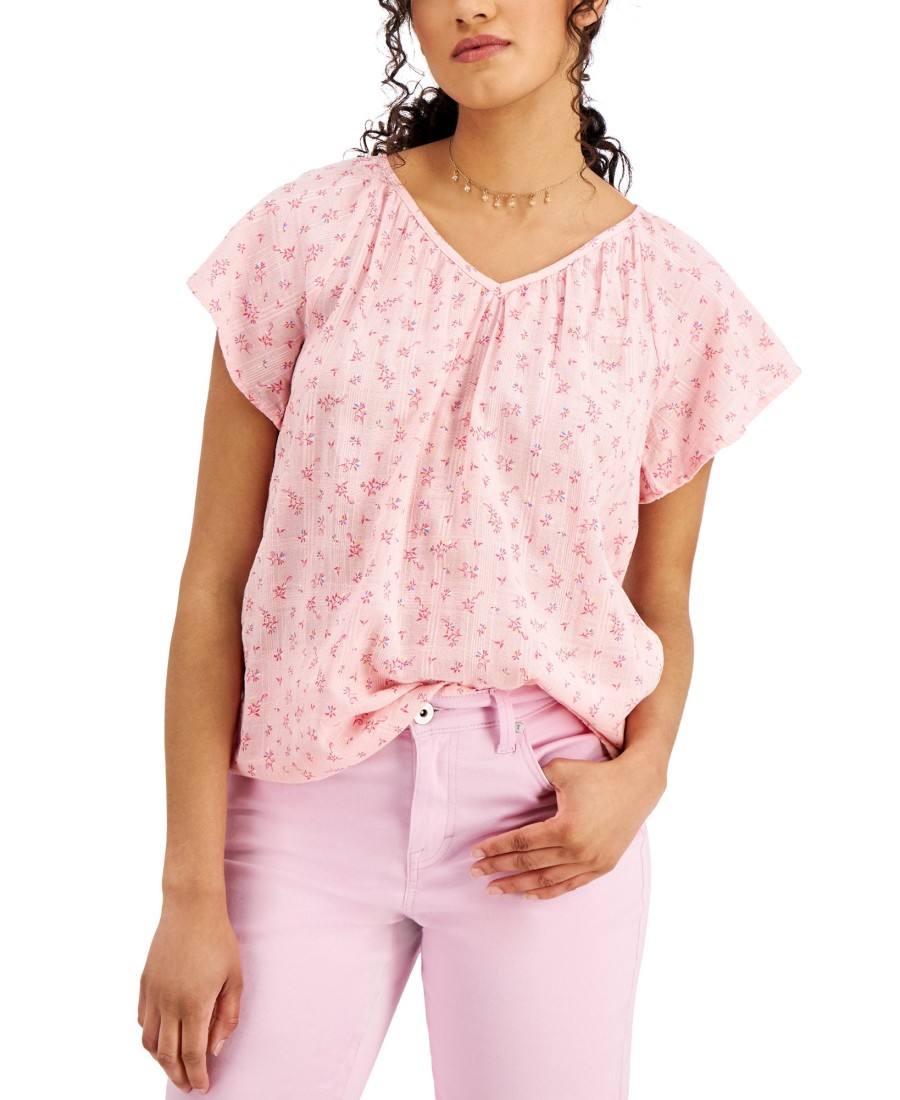 Women'S Style & Co | Petite Printed V-Neck Flounce Top Champagne Pink