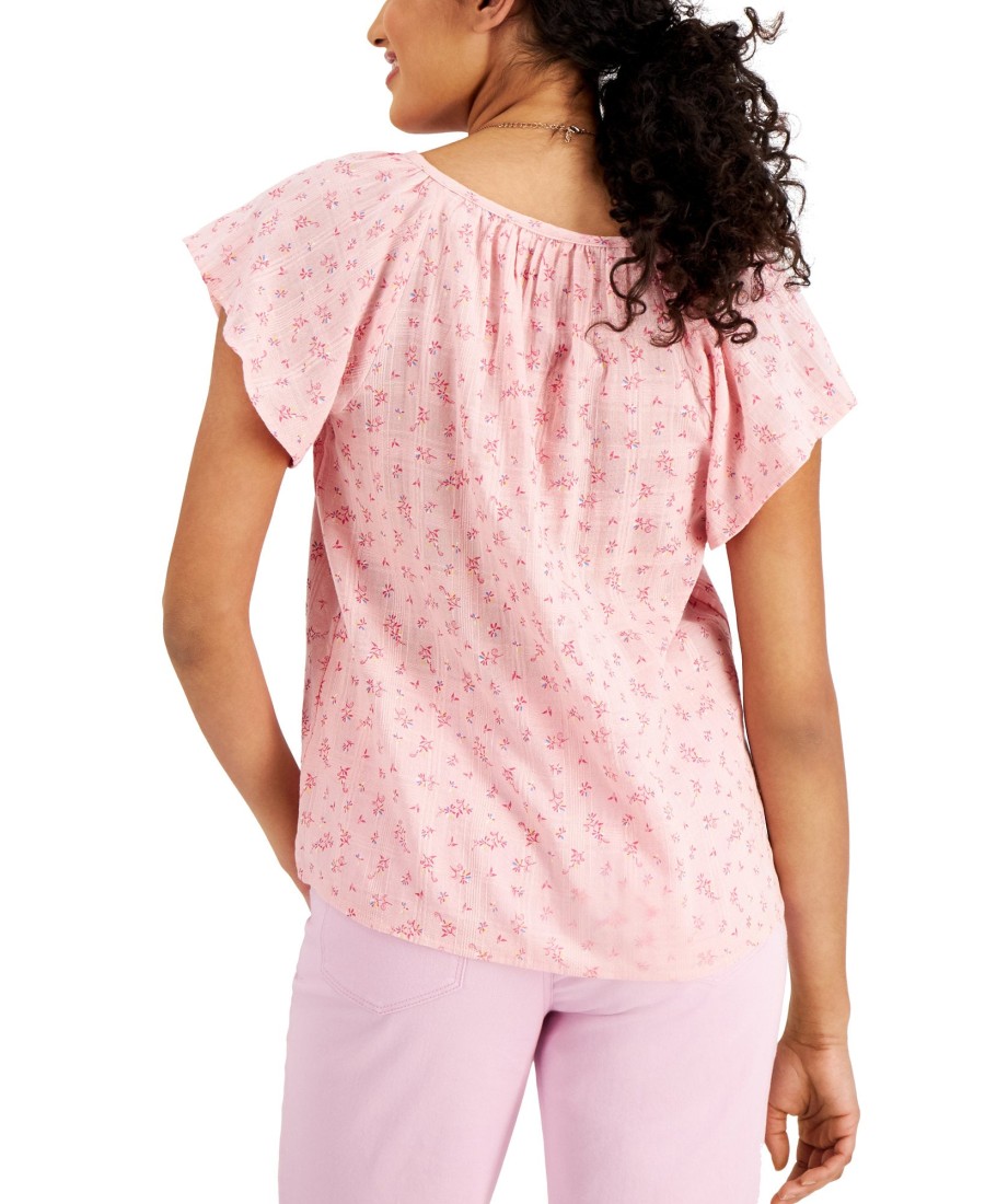 Women'S Style & Co | Petite Printed V-Neck Flounce Top Champagne Pink