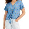 Women'S Style & Co | Beach-Print Tie-Front Gauze Top Antique Blue