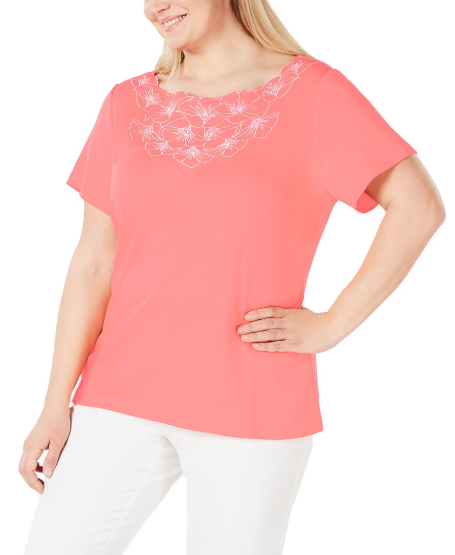 Women'S Karen Scott | Petite Cotton Embellished Top Coral Lining