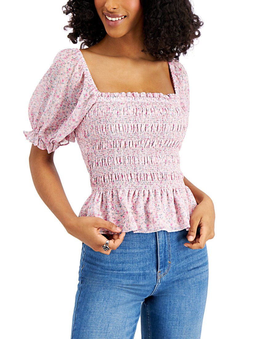 Women'S LEYDEN | Printed Puff-Sleeve Smocked Top Mauve Floral