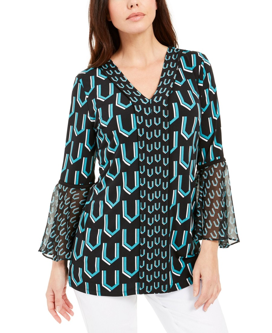 Women'S JM Collection | Printed Bell-Sleeve Tunic Deep Dive Gianna Geo