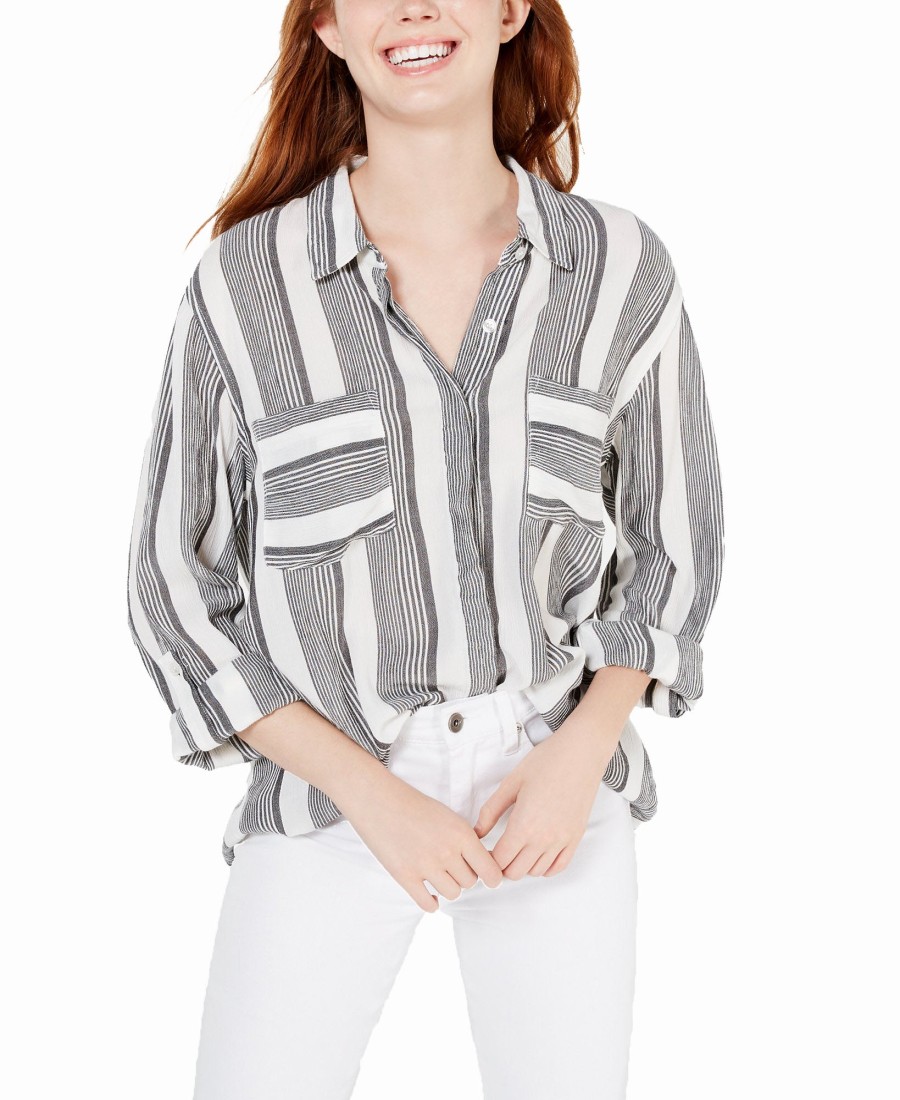 Juniors' Hippie Rose | Juniors' Printed Utility Shirt Black/White Stripe