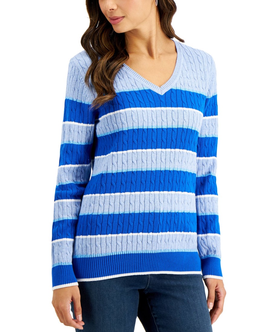 Women'S Karen Scott | Gianna Cotton Striped Cable V-Neck Sweater