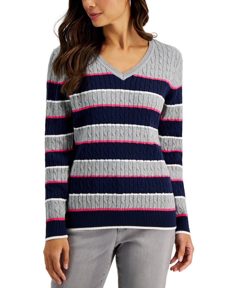 Women'S Karen Scott | Gianna Cotton Striped Cable V-Neck Sweater