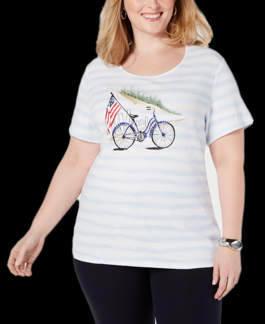 Women'S Karen Scott | Plus Embellished Bike Striped T-Shirt Indigo